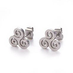 Stainless Steel Color Tarnish Resistant 304 Stainless Steel Stud Earrings, Hypoallergenic Earrings, with Ear Nuts/Earring Back, Triskelion, Stainless Steel Color, 8.5x9mm, Pin: 0.7mm, 12pairs/card