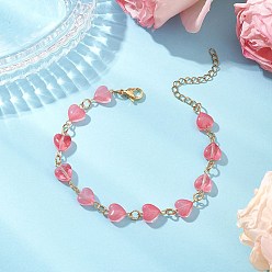 Золотой Браслеты из стеклянных бусин в форме сердца для женщин, с 304 из нержавеющей стали Lobster Claw застежками, золотые, 7-1/2 дюйм (19.1 см)