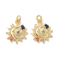 Настоящее золото 18K Подвески солнце с луной из латуни микро паве красочные фианиты, с прыжковых колец, без кадмия и без свинца, реальный 18 k позолоченный, 18.5x15x2.5 мм, отверстие : 3.4 мм