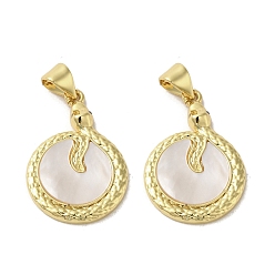 Real 18K Gold Plated Brass Pave Shell Pendants, Flat Round Charms with Snake, Real 18K Gold Plated, 24x16.5x2.5mm, Hole: 3.5x4mm