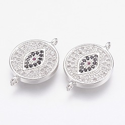 Platinum Brass Micro Pave Cubic Zirconia Links, Flat Round, Platinum, 19x13x2mm, Hole: 1mm