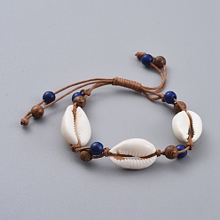 Темно-Синий Регулируемый вощеный браслет из бисера, с синтетическими бирюзовыми (крашеными) бусинами, раковина каури и деревянные бусы, темно-синий, 1-1/8 дюйм ~ 3-3/8 дюйм (3~8.6 см)