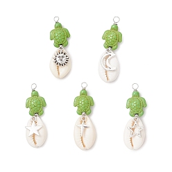 Желто-Зеленый 5 шт. 5 стили подвески из натуральной раковины каури и окрашенной синтетической бирюзы в виде черепахи, обмотанные медной проволокой, с подвесками из сплава солнца, луны и звезд, старинное серебро и платина, желто-зеленый, 47x14.5x7.5 мм, отверстие : 3 мм, 1 шт / стиль