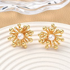 Настоящее золото 18K Серьги-гвоздики в виде цветка из латуни, с абс пластмассовой имитационной жемчужиной, без никеля , реальный 18 k позолоченный, 23x22.5 мм