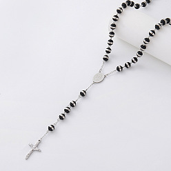 Negro Collares de cuentas de rosario de acero inoxidable vintage, Collares con colgante de cruz de la Virgen para mujer, plata, negro, 304 pulgada (21.65 cm)