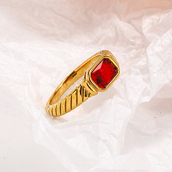 Красный 304 женские перстни из нержавеющей стали с кубическим цирконием, прямоугольные, реальный 18 k позолоченный, граненые, красные, размер США 8 (18.1 мм)