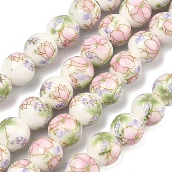 Бледно-Зеленый Ручной цветок печатных фарфоровые керамические бусины нити, круглые, бледно-зеленый, 10 мм, отверстие : 2 мм, около 35 шт / нитка, 13.5 дюйм