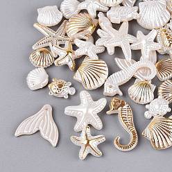Mixed Shapes Ocean Series Plastic Beads, Golden Metal Enlaced, White, Mixed Shapes, 11~27x9~23x2.5~9mm, Hole: 1.4~1.8mm, about 947pcs/500g