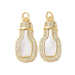 Clear Brass Micro Pave Cubic Zirconia Pendants, Cadmium Free & Lead Free, with Shell, Real 18K Gold Plated, Bottle, Clear, 23.5x10.5x3.5mm, Hole: 3mm