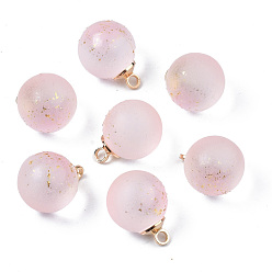 Pink Двухцветные прозрачные стеклянные подвески, с петлей из латуни, покрытой светлым золотом, матовые, с блеском порошок, круглые подвески, розовые, 16x12 мм, отверстие : 2 мм
