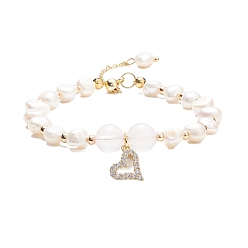 Розовый Кварц Браслет из бусин из натурального розового кварца и жемчуга с подвеской в виде сердца из кубического циркония, украшения из драгоценных камней для женщин, внутренний диаметр: 2-1/8~2-5/5 дюйм (5.4~6.8 см)