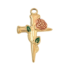 Real 18K Gold Plated 304 Stainless Steel Enamel Pendants, Cross with Rose Charms, Real 18K Gold Plated, 32x20x2mm, Hole: 2.5mm