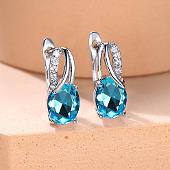 Темно-Голубой Латунь кубического циркония серьги стержня, овальные, платина, глубокое синее небо, 16x13 мм
