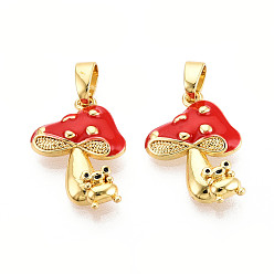 Красный Латунь эмаль подвески, без кадмия и без свинца, реальный 18 k позолоченный, грибные прелести, красные, 17.5x12.5x3 мм, отверстие : 5x2.5 мм