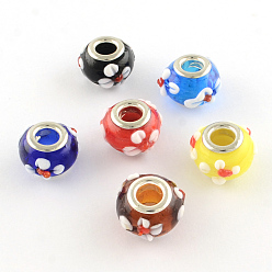 (52) Непрозрачная лаванда Rondelle Lampwork большого отверстия европейские шарики, с латунными сердечниками с серебряным покрытием, разноцветные, 15x10 мм, отверстие : 5 мм