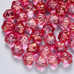 Medium Violet Red Transparent Spray Painted Glass Beads, with Glitter Powder, Flower, Crimson, 10.5x9.5x8mm, Hole: 1mm