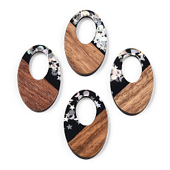 Silver Opaque Resin & Walnut Wood Pendants, Oval Charms with Stars & Moon & Sun Paillettes, Silver, 35.5x22x3.5mm, Hole: 16x10mm