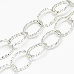 Silver Aluminum Cable Chains, Textured, Unwelded, Oval, Silver Color Plated, 19.5x14.5x2mm