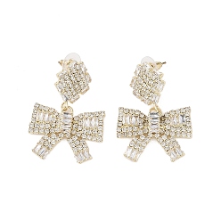 Golden Brass Micro Pave Cubic Zirconia Stud Earrings, Bowknot, Golden, 45x30mm