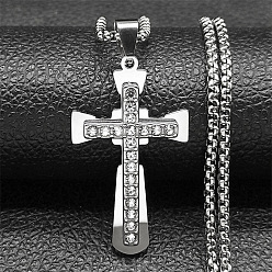Нержавеющая Сталь Цвет 201 ожерелья с кулоном в виде креста из нержавеющей стали и стразами, цвет нержавеющей стали, 23.66 дюйм (60.1 см)