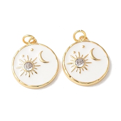 Настоящее золото 18K Подвески из латуни с микропаве из прозрачных кубических цирконий и эмали, плоский круглый с подвесками солнца и луны, без кадмия и без свинца, долговечный, стойки покрытие, с целью перехода в кольце, реальный 18 k позолоченный, 20.5x18x3 мм, отверстие : 2 мм