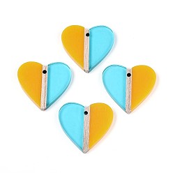 (932FM) Темно-синий аква-матовый с подкладкой Прозрачные подвески из смолы и дерева, сердце, два тона, темно-золотистые, 28~28.2x29.8x3.3 мм, отверстие : 2 мм