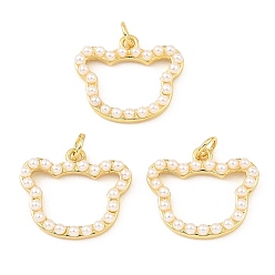 Real 18K Gold Plated Rack Plating Brass Pendants, with Plastic Imitation Pearl and Jump Ring, Long-Lasting Plated, Cadmium Free & Lead Free, Bear Head Charms, Real 18K Gold Plated, 17.5x20x3.5mm, Hole: 3.2mm