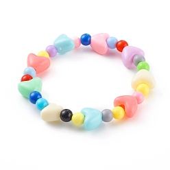 Colorful Acrylic Kids Bracelets, Stretch Beaded Bracelets, with Heart Plastic Beads, Colorful, Inner Diameter: 1-3/4 inch(4.3cm)