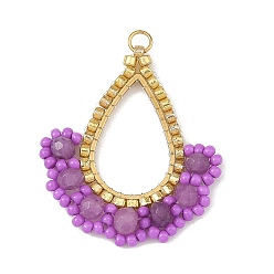 Purple Dyed Natural Malaysia Jade & Glass Seed Beaded Pendants, Teardrop Charms, with 201 Stainless Steel Linking Rings & 304 Stainless Steel Open Jump Rings, Purple, 34x29x5mm, Hole: 2.5mm