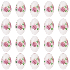 Pink 20pcs perles de verre lampwork faites à la main, ovale avec des fleurs, rose, 16~17x9~11mm, Trou: 1.5~2mm