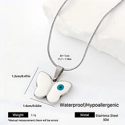 Blanco 304 Collares con colgante de mariposa y ojo turco de acero inoxidable esmaltado para hombres y mujeres, color acero inoxidable, blanco, 15.75 pulgada (40 cm)