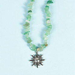 Green Aventurine Natural Green Aventurine Necklaces, with Alloy Charms, Sun, 14.57 inch(37cm)