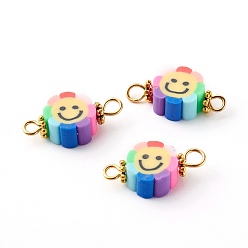 Разноцветный Цветок с улыбающимся лицом звенья из полимерной глины соединители, с проушинами из нержавеющей стали, бусины из сплава, золотые, красочный, 304 мм, отверстие : 9.5~10x18.5~19x5 мм