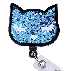 Cat Shape Катушка для значков из акрила и АБС-пластика с эффектом зыбучих песков и блесток, выдвижной держатель для бейджа, форма кошки, 95 мм, Кошка: 38.5x46.5 mm, 1шт / коробка