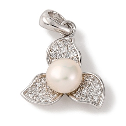 Платинированный Подвески из стерлингового серебра с родиевым покрытием и прозрачными циркониями с микропаве, подвески-цветы с круглым натуральным жемчугом, Реальная платина, 925 мм, отверстие : 16.5x14.5x6.5 мм
