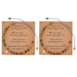 Африканский Бирюза(яшма) Браслеты из цинкового сплава, Регулируемые браслеты из натуральных африканских круглых бусин бирюзы для мужчин и женщин, крестик, с открытки, внутренний диаметр: 1-7/8~3-5/8 дюйм (4.9~9.2 см)