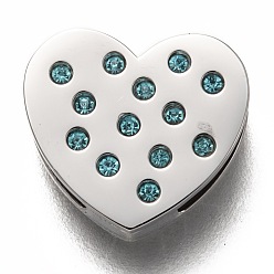 Edelstahl Farbe 304 Edelstahl Diacharme, mit Strass, Herz, Aquamarin, Edelstahl Farbe, 12x13x3.5 mm, Bohrung: 8x1.5 mm