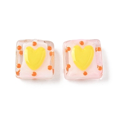 Желтый Эмалевые бусины ручной работы в технике лэмпворк, бусины ручной работы, квадрат с сердцем, желтые, 15~16x14.5~15x8~8.5 мм, отверстие : 1.6 мм