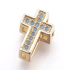 Mixed Color Brass Micro Pave Cubic Zirconia Beads, Lead Free & Cadmium Free, Cross, Light Sky Blue, Mixed Color, 11.5x8x5.5mm, Hole: 1mm and 2x5mm