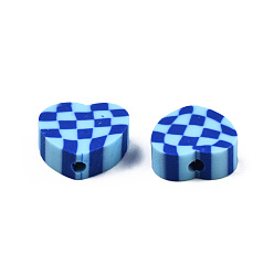 Medium Blue Handmade Polymer Clay Beads, Heart with Tartan, Medium Blue, 9x10x4mm, Hole: 1.5mm