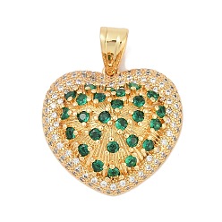 Зеленый Латунные микро проложить кубического циркония подвески, без кадмия и без свинца, сердце прелести, реальный 18 k позолоченный, зелёные, 28.5x29x11 мм, отверстие : 7.5x5 мм