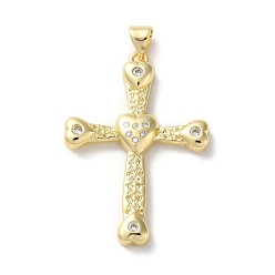 Настоящее золото 18K Латунные микропаве прозрачные подвески с фианитом, без кадмия, без никеля и без свинца, крестик, реальный 18 k позолоченный, 36x25.5x3.5 мм, отверстие : 5x3.5 мм