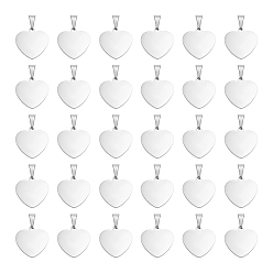 Corazón 30 pcs 304 dijes de acero inoxidable, color acero inoxidable, Corte con laser, corazón, 15x15x1.5 mm, agujero: 5x3 mm