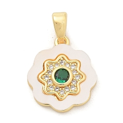 Настоящее золото 18K Подвески из латуни с микропаве из циркония, без кадмия, без никеля и без свинца, с подвесками из ракушек и стекла, реальный 18 k позолоченный, 15x13x2.5 мм, отверстие : 4.5x2 мм