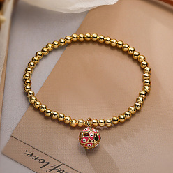 Золотой Латунь эмаль шарм браслеты, круглые бусины эластичные браслеты для женщин, круглые с сглаза, золотые, 6.69 дюйм (17 см)