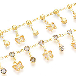 Прозрачный Латунные стеклянные цепочки-подвески в виде бабочек, пайки, с катушкой, золотые, прозрачные, 9x6.5~7x3 мм, около 32.81 футов (10 м) / рулон