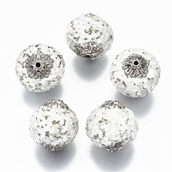 Rauch weiss Manuell Indonesiene Perlen, mit Chip Edelstein und Platin Ton Messing Befunde, Runde, Rauch weiss, 20x19~21 mm, Bohrung: 1.4~1.6 mm