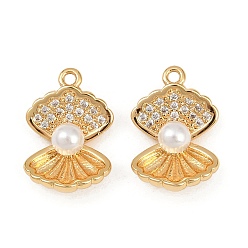Настоящее золото 18K Латунные микро проложить кубического циркония подвески, подвески в форме ракушек, с искусственными жемчужинами и петлями из АБС, долговечный, без никеля , реальный 18 k позолоченный, 16x10.5x5.5 мм, отверстие : 1.2 мм