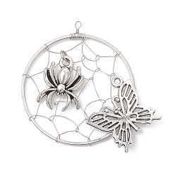 Античное Серебро Подвески из цинкового сплава в тибетском стиле на Хэллоуин, с латунными связывая колец, бабочка, античное серебро, 45x44x3.5 мм, отверстие : 1.5 мм