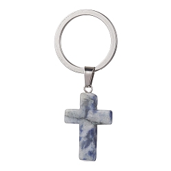 Punto Piedra Azul Llaveros de jaspe mancha azul natural, con 304 llaveros divididos de acero inoxidable, cruzar, 5.6 cm, cruz: 37.5x18x5.5 mm